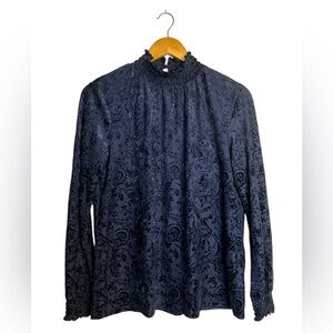 Liz Claiborne Career Long Sleeve Blouse | Blue Velvet | High Neck | Floral | M